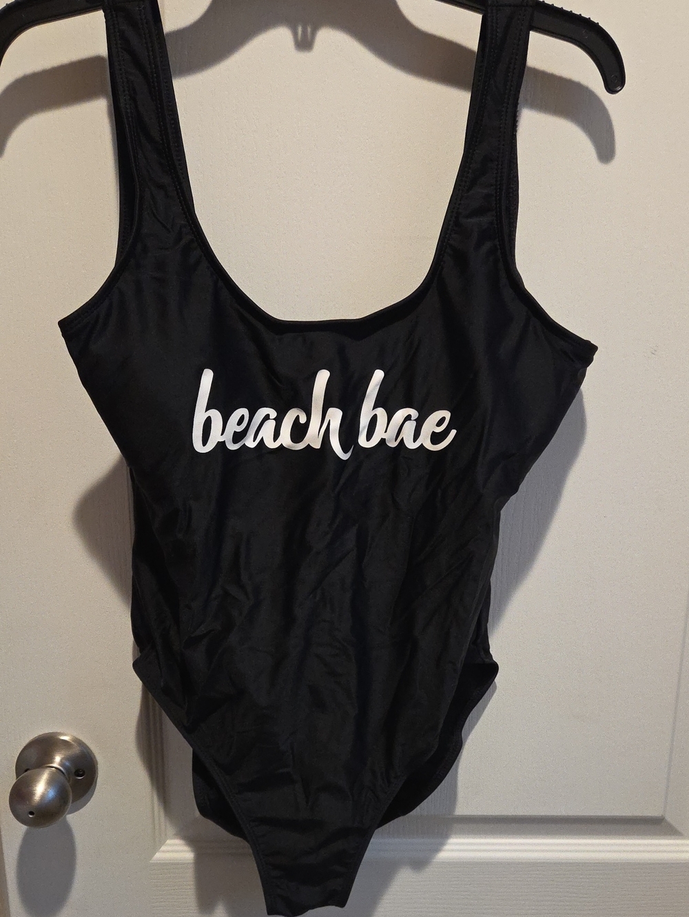 No Boundaries Black One-Piece Swimsuit with White "beach bae" Script